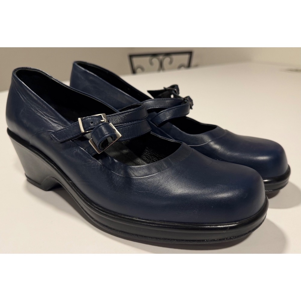 Dansko Navy Blue Leather Double Buckle Mary Jane Wedge Heels Size 42 Portugal